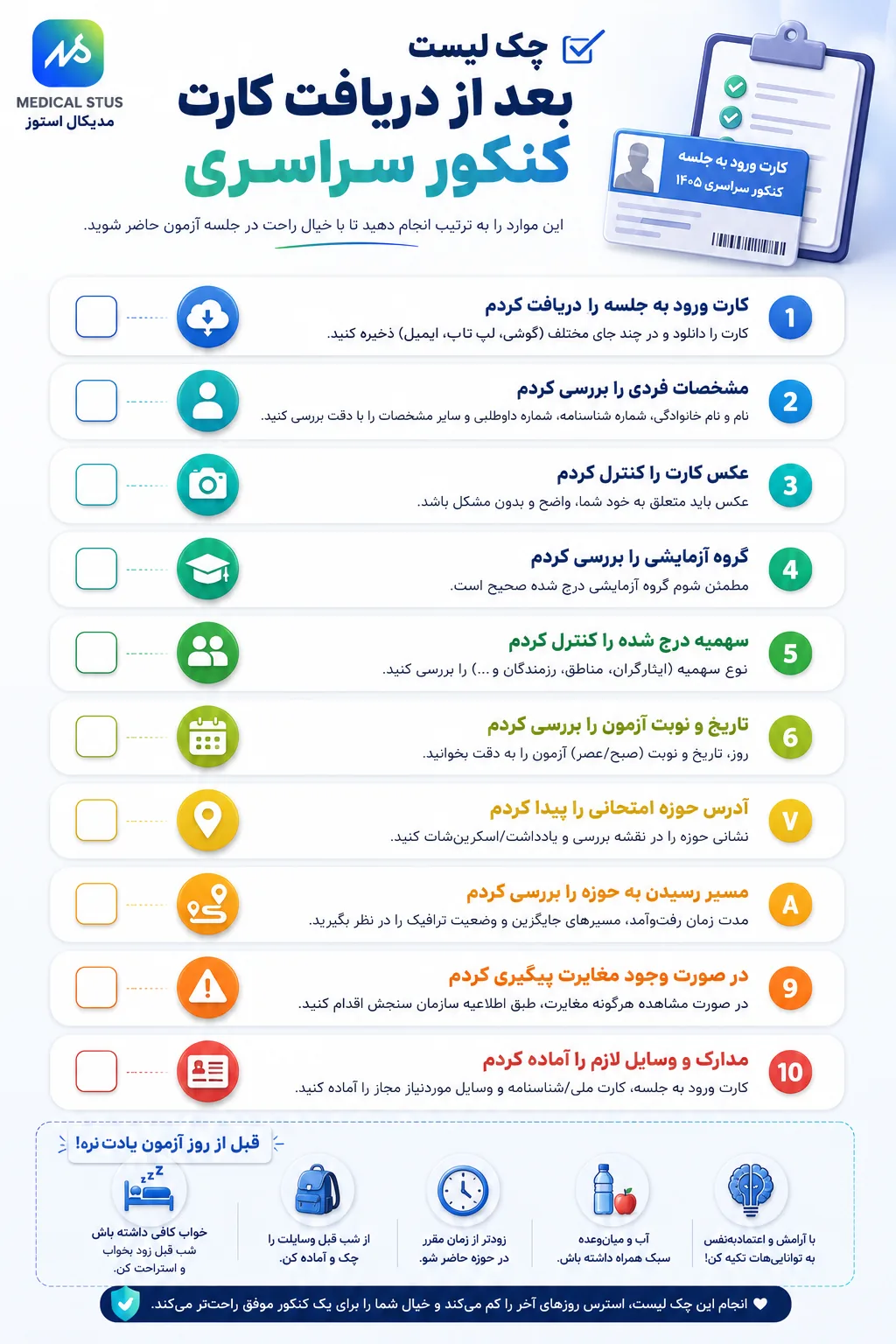 چک لیست بعد از دریافت کارت ورود به جلسه